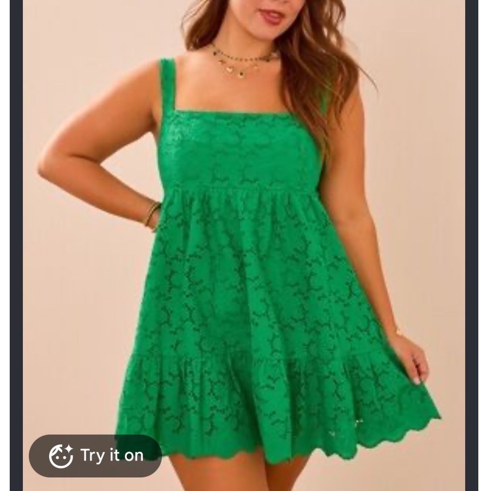 Altar'd State | Women's Larah Green Eyelet Tiered Babydoll Tie Mini Dress, M